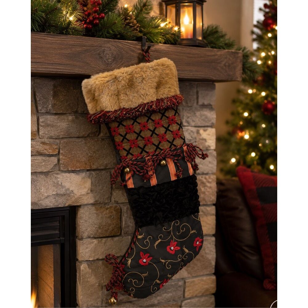Serendipity Victorian Black&Red Velvet Christmas Stocking  w/Fur Cuff Large 26"